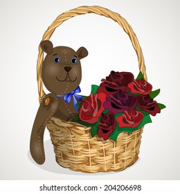 toy Teddy-bear in a wicker basket roses