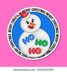 Toy three-dimensional snowman with extrusion effect. Vector 3D illustration of a creative sticker with a funny snowman character, reflective and soft texture.