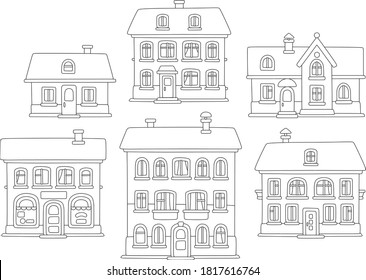 Toy town houses, black and white outline vector cartoon illustration for a coloring book page