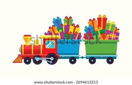 Toy train carrying gift boxes. Flat illustration style. Colorful presents. Celebration concept. Playful vehicle design.
