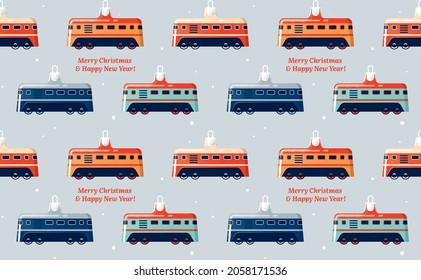 Toy train. Christmas seamless pattern on the railway theme