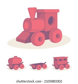 Toy train constructor. Abstract little locomotive, railway tank, platform and wagon drawing in cartoon style. Part of set.