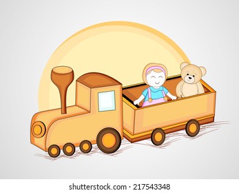 Toy train with cute doll and teddy bear and yellow sticky on grey background. 