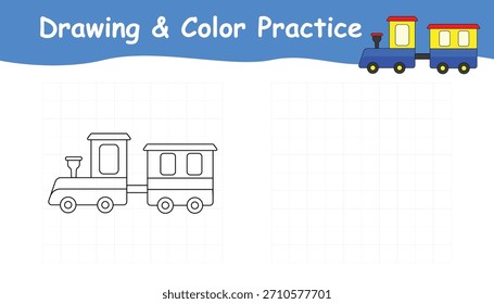 Toy train drawing and color practice. trace and color traing. vector toy outline with grid lines for draw the shape and coloring