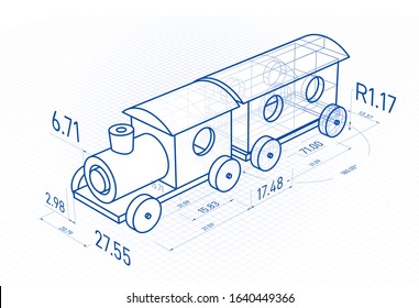 Toy train with drawing design elements. Blueprint train design. Vector 3d illustration on white