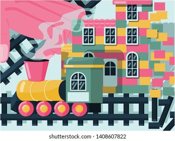 A toy train goes on a railway track in front of a toy house. A hand holds a railway track. The railway track and house are ruining.