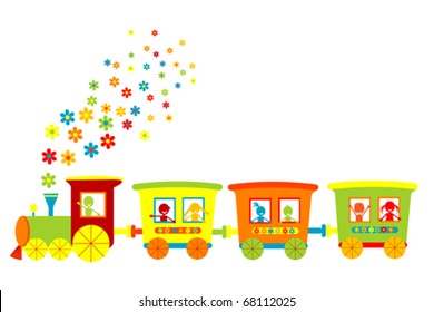 Toy train with happy kids