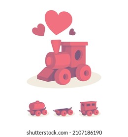Toy train and hearts. Falling in love, emotions and feelings metaphor. Abstract little locomotive, railway tank, platform and wagon drawing in cartoon style. Part of set.