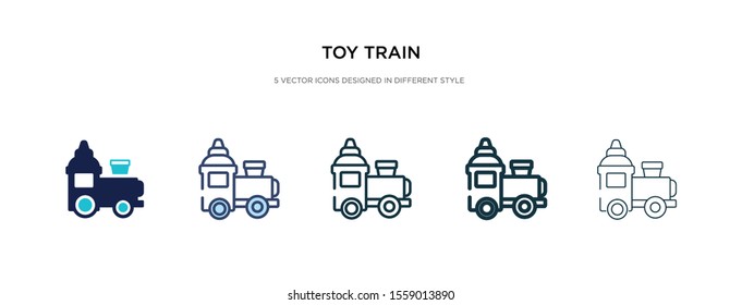 icono del tren de juguete en una ilustración vectorial de estilo diferente. dos iconos vectoriales de trajes de juguete negros y de color diseñados en estilo relleno, contorno, línea y trazo pueden utilizarse para web, móvil, ui