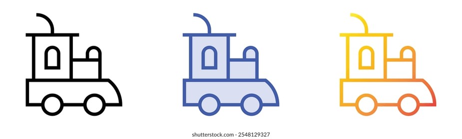 ícone do trem de brinquedo. Design de estilo linear, preenchimento azul e gradiente isolado em plano de fundo branco