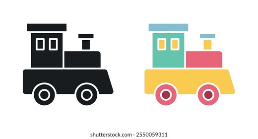 Toy train icon set in black and colored version