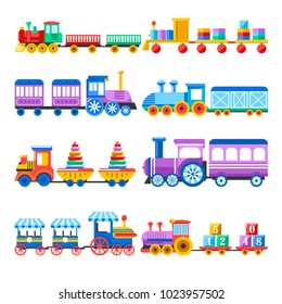 Toy train with kid toys vector flat icons for children design