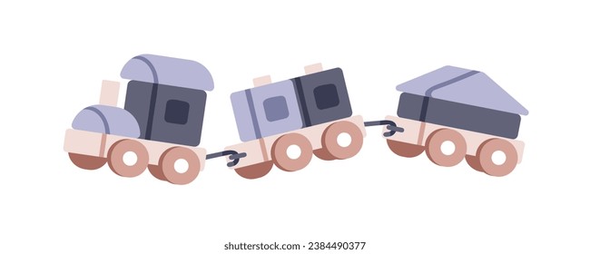 Toy train. Kids locomotive with wagons. Preschool railway transport, wooden carriage. Retro railroad vehicle. Kindergarten childish flat vector illustration isolated on white background