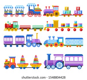 Toy train with kids stackable colorful figures, side view, several rows. Plastic transport vehicle with wheels and wagons for children playroom. Vector illustration on white background.