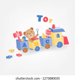 Toy train on white background. Toys in colorful train.