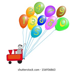 Toy train operated by smiling boy with colorful balloons and numbers for preschool learning