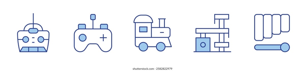 toy train, remote control, scratching post, xylophone. Toys Icon vector illustration. Line Duotone style. Editable stroke.