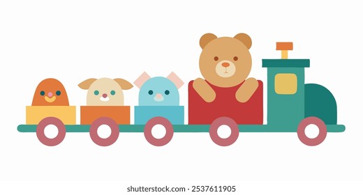 Toy train with soft toys vector illustration isolated on white background.