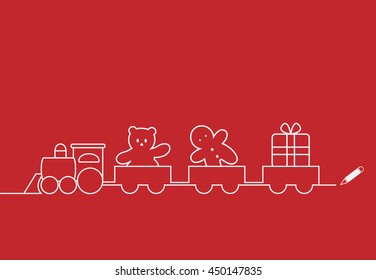 Toy train with teddy bear and gingerbread man and gift. Linear design vector. Christmas card backdrop.