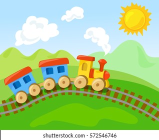 Toy Train With The Wagon In The Landscape. Vector Illustration