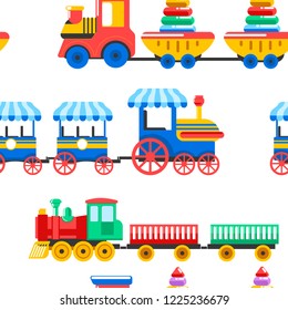 Toy trains with kid toys and children playthings for kindergarten boys children design seamless pattern. Vector isolated flat icons set of trains with ball, pyramids constructor and alphabet cubes in 