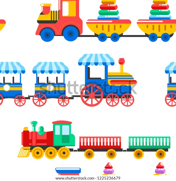 Toy trains with kid toys and children playthings for\
kindergarten boys children design seamless pattern. Vector isolated\
flat icons set of trains with ball, pyramids constructor and\
alphabet cubes in 