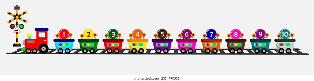 Toy trains and numbers 1 -10 template. Vector illustration.