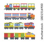 Toy trains set. Colorful game steam locomotive with wagons stylish retro and modern designs industrial vehicle entertainment transportation of goods containers. Cute cartoon vector.