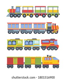 Toy trains set. Colorful game steam locomotive with wagons stylish retro and modern designs industrial vehicle entertainment transportation of goods containers. Cute cartoon vector.