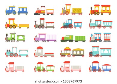 Toy trains set, colorful locomotives and wagons vector Illustrations