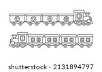 Toy trains set. Locomotives with freight and passenger wagons. Vector outline illustrations for coloring book isolated on white background