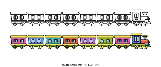 Toy trains set. Locomotives with passenger wagons. Vector outline and colorful illustration isolated on white background for coloring book