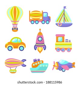 Toy transport cartoon icons set with train car plane isolated vector illustration