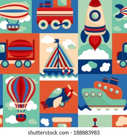 Toy transport cartoon seamless pattern with airplane aerostat sail yacht vector illustration