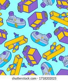 Spielzeug transportiert Cartoon-Muster nahtlos. Auto und Flugzeug, Dampfboot. Auto und Schiff, Luftfahrzeug Kinder Stil Hintergrund. Textur aus Babygewebe. Vektorschmuck