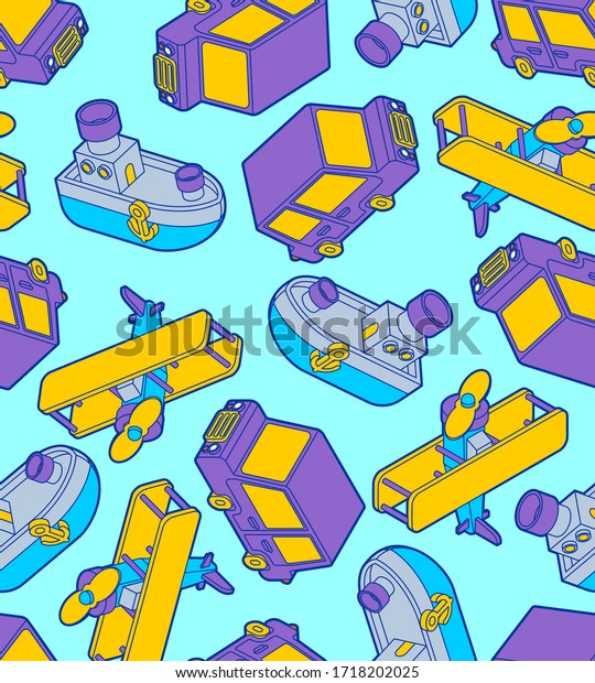 Toy transport cartoon style\
pattern seamless. Car and Plane, Steamboat. Auto and Ship, aircraft\
Kids Style background.  Baby fabric texture. vector\
ornament