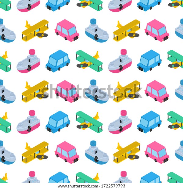 Toy transport cartoon style
pattern seamless. Car and Plane, Steamboat. Auto and Ship, aircraft
Kids Style background.  Baby fabric texture. vector
ornament
