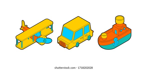 Toy transport cartoon style set. Car and Plane, Steamboat. Auto and Ship, aircraft Kids Style. vector illustration
