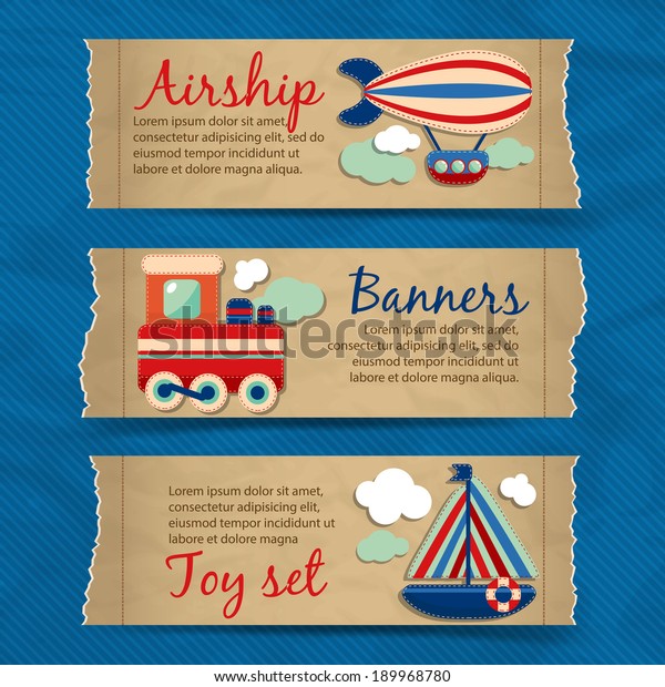 Toy transport torn\
paper cartoon travel banners set with train boat aerostat isolated\
vector illustration