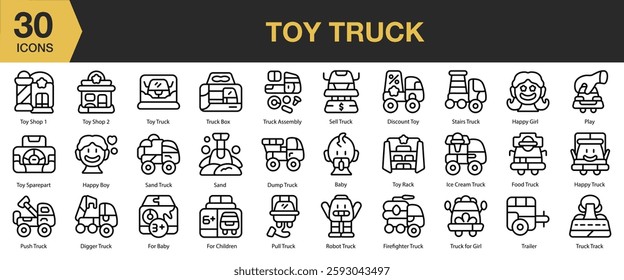 Toy Truck icon set. Includes truck, toy, car, transportation, cargo, automobile, and More. Outline icons vector collection.