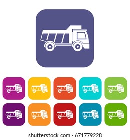 Toy truck icons set vector illustration in flat style In colors red, blue, green and other
