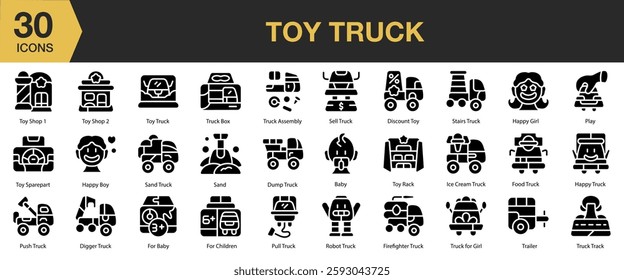 Toy Truck solid icon set. Includes truck, toy, car, transportation, cargo, automobile, and More. Solid icons vector collection.