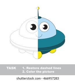 Toy UFO in vector to be traced. Restore dashed line and color the picture. Easy educational kid gaming with simple level of difficulty.