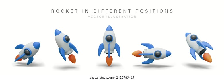 Cohete vector de juguete en diferentes posiciones. Modelo vectorial de nave espacial en vuelo