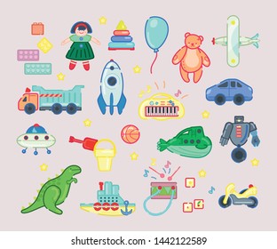 Toy vector set. Cartoon icon images. Playful stickers.