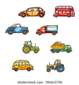 Toy vehicles. Cute hand drawn kids toy transport. Baby toy cartoon tractor, bus, truck, car, droll wheels, route, funny drive, vector on white background. Set of isolated elements on white background