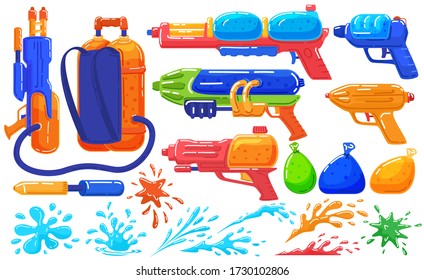 Toy Water Guns To Play, Fun Pistol And Baloons, Game Spray Isolated On White Set Of Cartoon Vector Illustration. Water Gun Collection For Children Or Songkran Festival In Thailand.