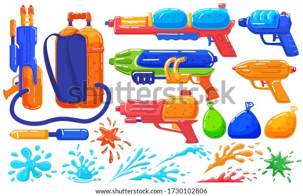 Toy water guns\
to play, fun pistol and baloons, game spray isolated on white set\
of cartoon vector illustration. Water gun collection for children\
or songkran festival in\
thailand.
