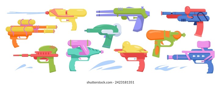 Armas de juguete con bomba de pulverización, cómico plástico y láser espacial divertido de diferentes colores y formas para la batalla con salpicaduras de agua ilustración vectorial de dibujos animados. Juego de armas de agua para juegos de verano divertidos para niños