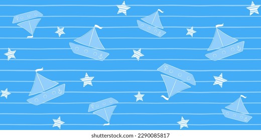 Barcos blancos y azules de juguete y estrellas a rayas en un fondo de rayas azules. Niños de textura interminable con barcos. Patrón de vectores sin fisuras para la cubierta, papel de envoltura, embalaje, giftwrap, textura superficial, impresión